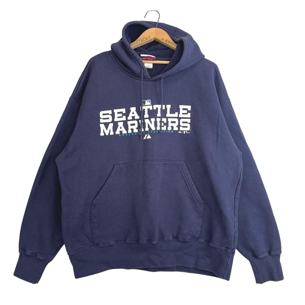 Majestic Seattle Mariners Heavyweight Cotton Fleece Hoodie Navy Blue Mens XL MLB